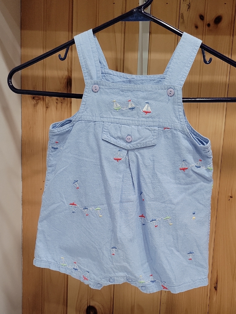 Light Blue Embroidered Sailboat Kids Overall Onepiece